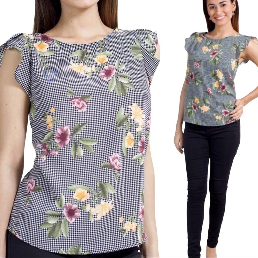 WESTMOON Black Gingham & Floral Print Flutter Sleeve Blouse Size Small